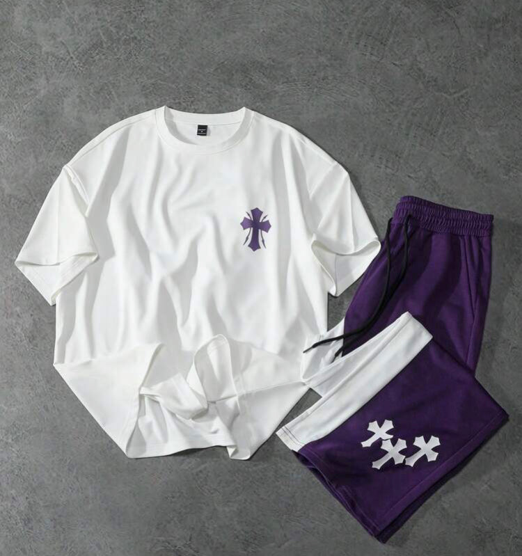 Men Cross Print T-Shirt And Color Blocking Flared Pants Set, Summer