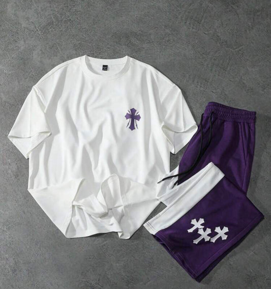 Men Cross Print T-Shirt And Color Blocking Flared Pants Set, Summer